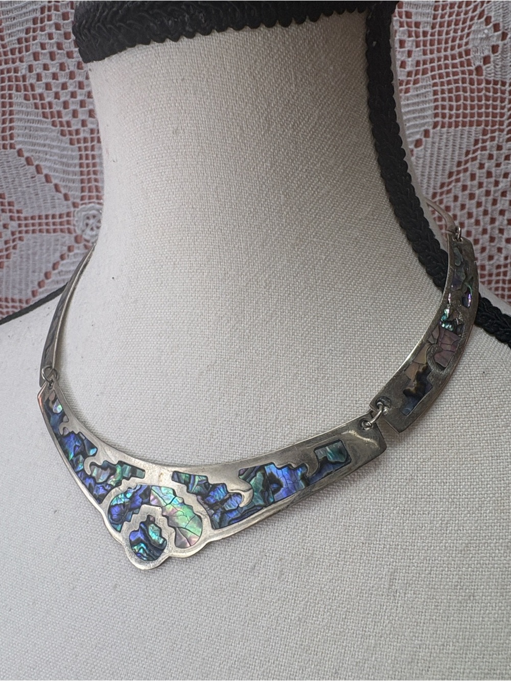 Vintage 925 Mexican Sterling Silver Abalone Collar Necklace - Picture 1 of 8